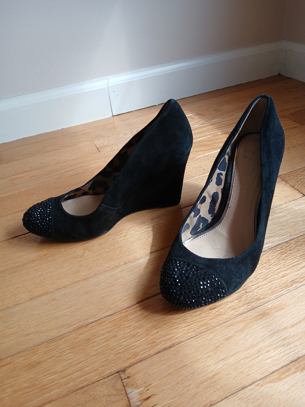 Jessica Simpson Black Suede Wedge Pumps with Embellished Toe